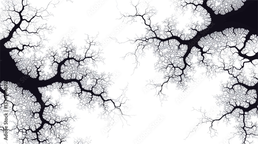 Fototapeta premium The image presents a high-contrast monochrome abstract pattern. It features two mirrored, branching structures resembling tree branches or veins, rendered in shades of black and white against a