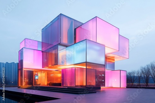A technology hub building with modular architecture, glowing lights at night, and interactive features integrated into the facade