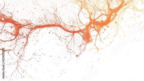 The image displays an abstract composition featuring a network of thin, branching lines. The primary colors are orange and white, with the orange lines varying in intensity and thickness, creating