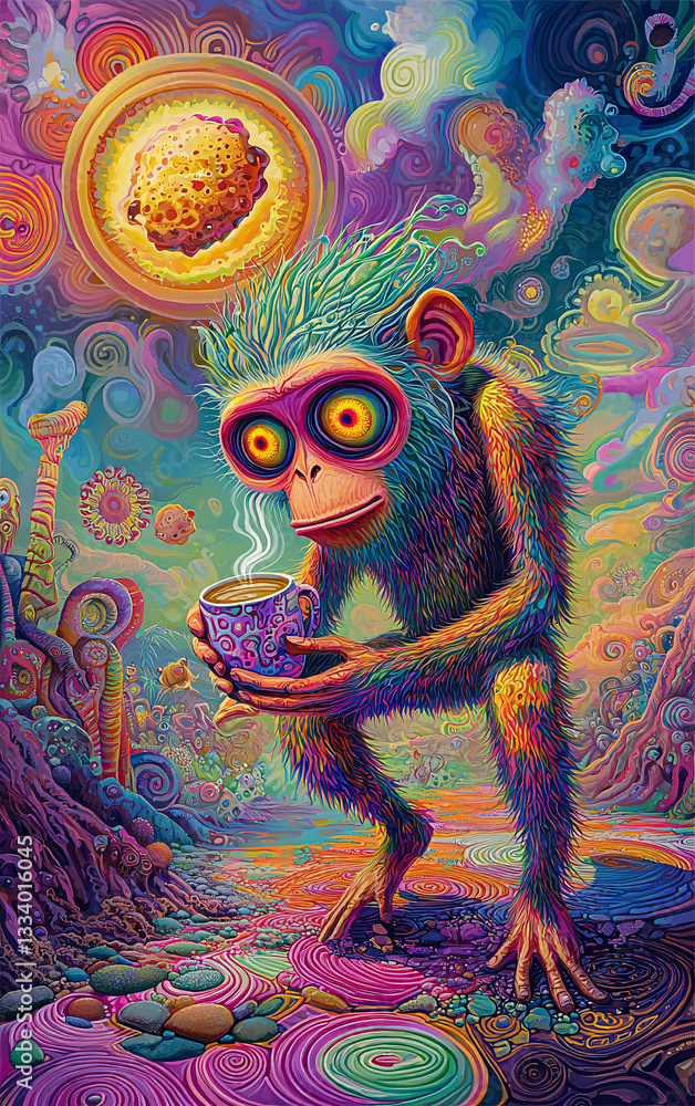 Obraz premium psychedelic monkey in a surreal fantasy landscape, vibrant digital painting with swirling colors, glowing abstract shapes, neon dreamlike jungle scenery, cosmic and visionary artistic illustration