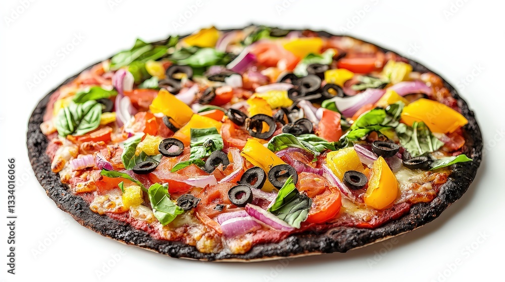 Delicious black charcoal pizza with vibrant toppings of vegetables and cheeses on a rustic wooden table setting Delicious black charcoal pizza with vibrant toppings of vegetables and cheeses on a rustic wooden table setting