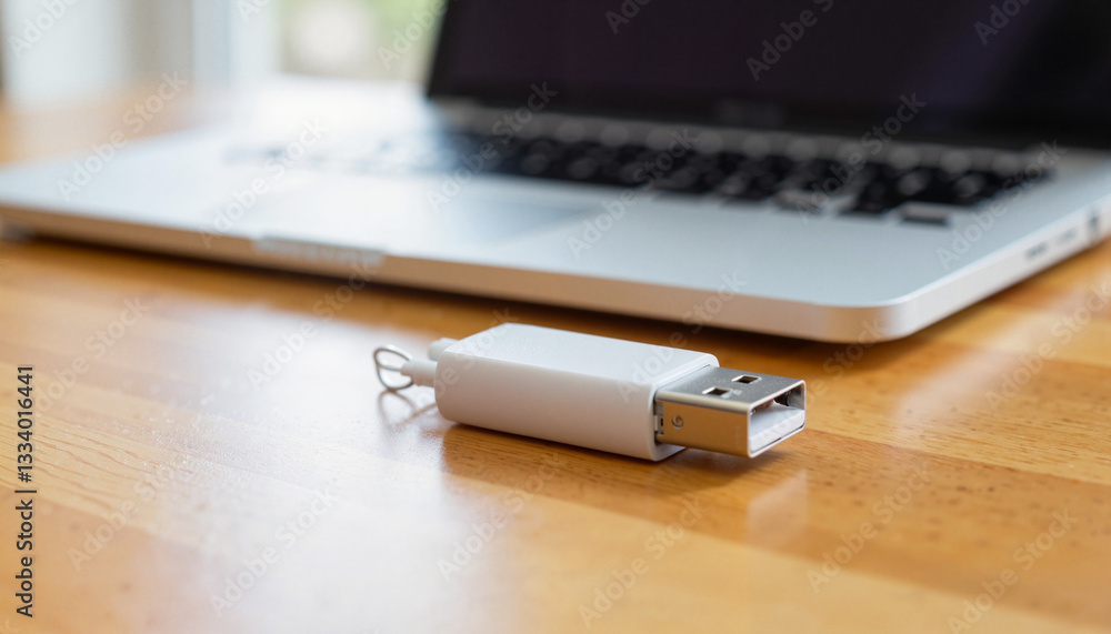 Fototapeta premium USB flash drive on wooden desk next to laptop, digital storage concept