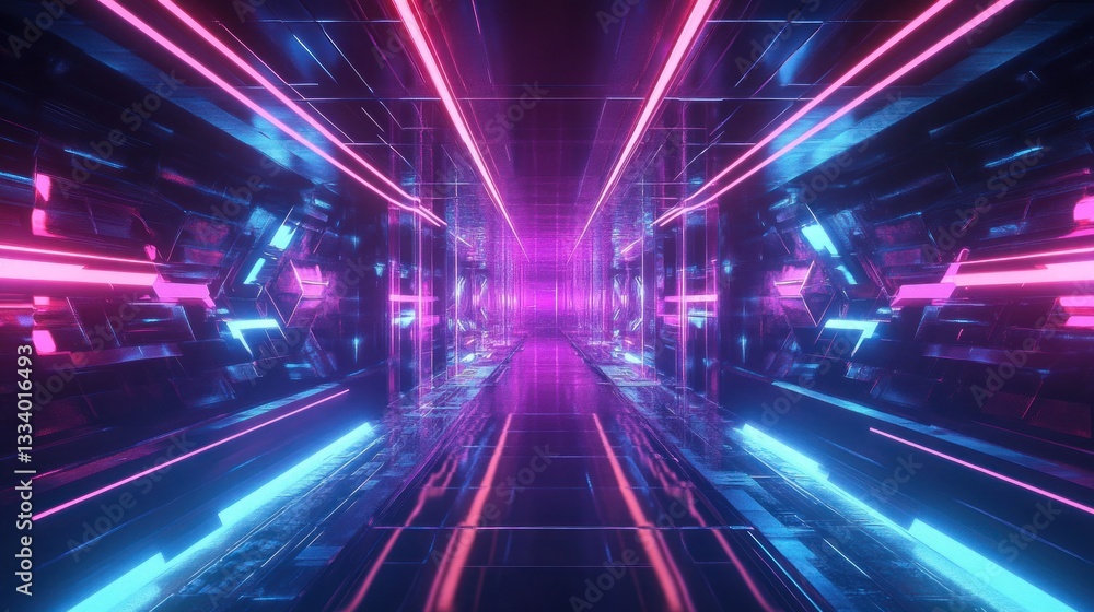 Fototapeta premium Neon Corridor: A Futuristic Digital Art Exploration
