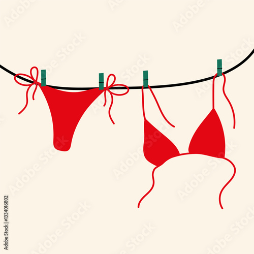 Minimalist vector illustration of a red bikini hanging on a clothesline with clothespins. Summer, beachwear, and swimwear concept.
