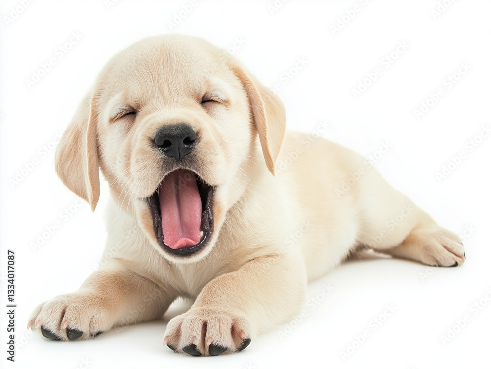 Charming close-up of a labrador retriever puppy yawning, conveying the tenderness and cheerfulness of puppies Charming close-up of a labrador retriever puppy yawning, conveying the tenderness and cheerfulness of puppies