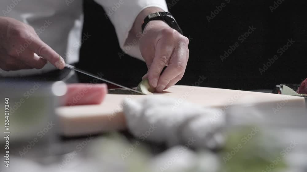A static shot of a sushi chef slicing fresh avocado for sushi rolls, highlighting ingredient preparation. Perfect for showcasing sushi making, Japanese cuisine, and culinary techniques. A static shot of a sushi chef slicing fresh avocado for sushi rolls, highlighting ingredient preparation. Perfect for showcasing sushi making, Japanese cuisine, and culinary techniques.