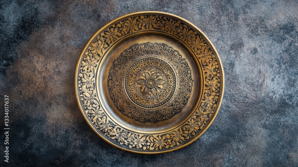Obraz premium An ornate antique gold plate displayed against a textured background