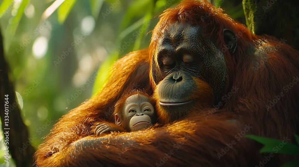 Fototapeta premium Orangutan Mother and Baby in Rainforest Embrace