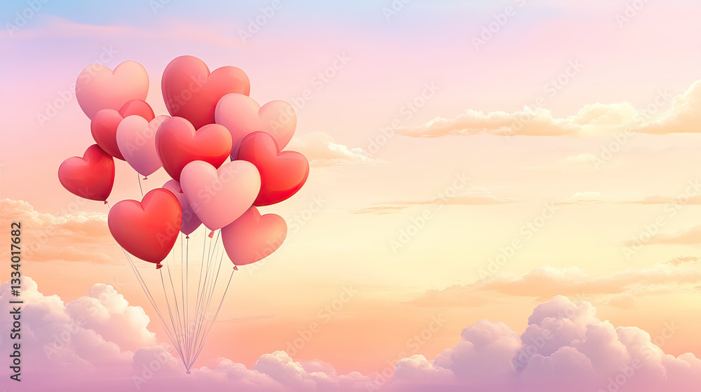 Obraz premium Heart balloons floating. Red hearts in the sky with clouds AI Generative