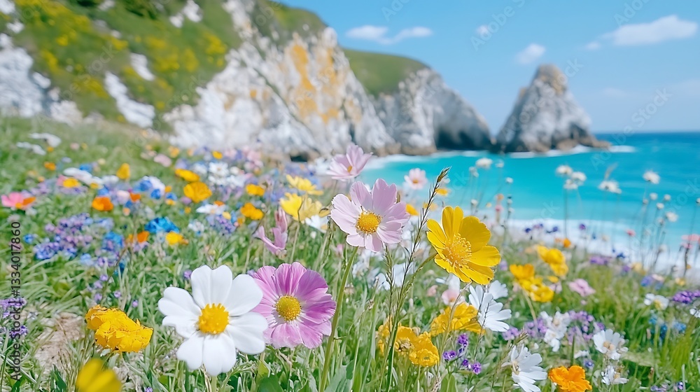 Obraz premium Vibrant Wildflowers Blooming Near Ocean Coastline Scenic Coastal Meadow Spring Flowers