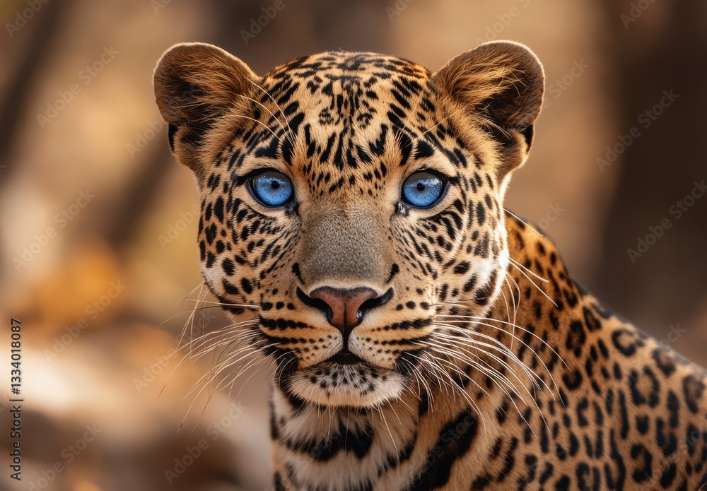 Fototapeta premium Majestic leopard with striking blue eyes gazes intently at the viewer amidst a natural blurred brown background showcasing its beautiful spotted fur