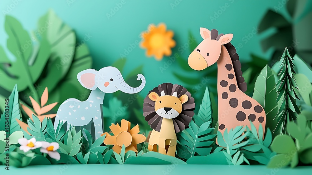 Naklejka premium Paper Craft Safari Animals Elephant Lion Giraffe in Jungle