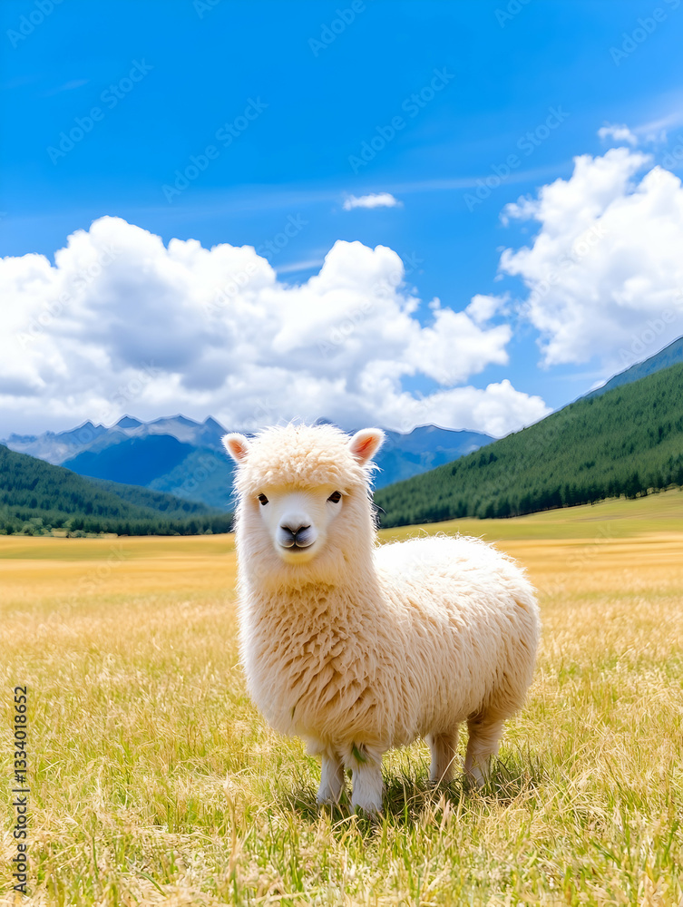 Fototapeta premium Fluffy sheep in golden field, mountain background. Possible use Nature photography