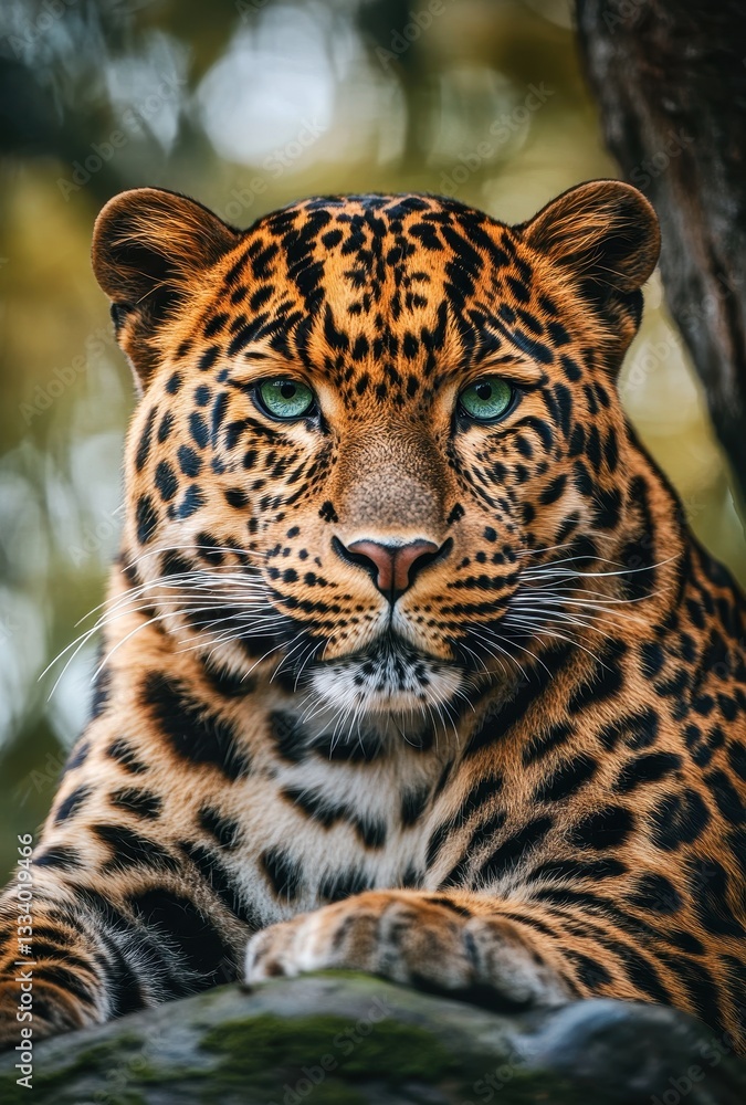 Fototapeta premium Majestic leopard with striking emerald eyes resting on a mossy stone, surrounded by blurred greenery, showcasing its beautiful coat and fierce expression