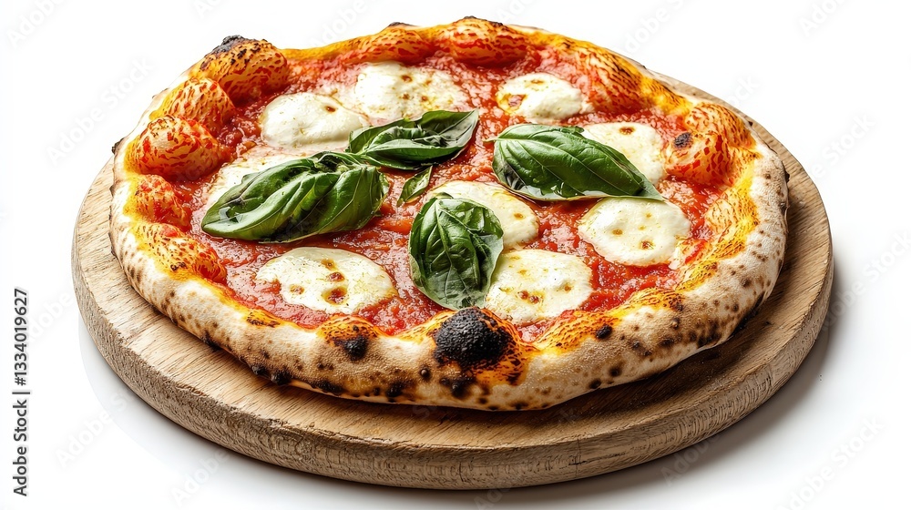 Classic neapolitan pizza topped with fresh basil and mozzarella cheese on a wooden table ready to be served Classic neapolitan pizza topped with fresh basil and mozzarella cheese on a wooden table ready to be served