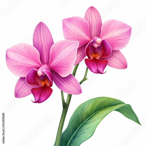 Vibrant Pink Orchids in Bloom with Lush Green Leaves Isolated on White Background