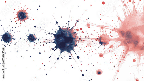 The image displays an abstract pattern composed of numerous ink splatters against a white background.  The splatters vary in size and shape, exhibiting a dynamic, irregular distribution.