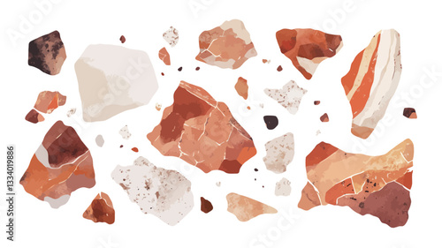 The image shows numerous irregularly shaped fragments of stone in various shades of red, orange, beige, and white. The pieces vary in size and shape, with some showing striations or layered