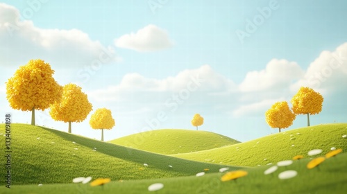 illustration of Summer Autumn fields landscape with a dawn, green grass hills, bright color blue sky, country background,banner resting vacation.