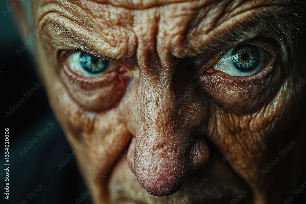 Close up of an old man's intense blue eyes and wrinkled face showing age and experience Close up of an old man's intense blue eyes and wrinkled face showing age and experience