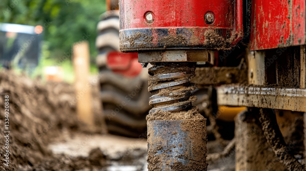 A close-up of a hydraulic piston extending and retracting on a ground drilling machine A close-up of a hydraulic piston extending and retracting on a ground drilling machine