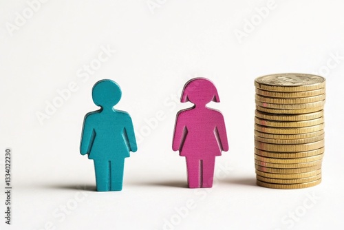 Pair of wooden figurines accompanied by a stack of coins, perfect for financial or relationship-themed illustrations