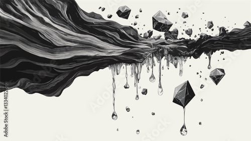 The image presents a stylized, abstract composition in grayscale.  Dominated by a flowing, wave-like form rendered in shades of gray, suggesting a liquid or fabric-like substance.  From this