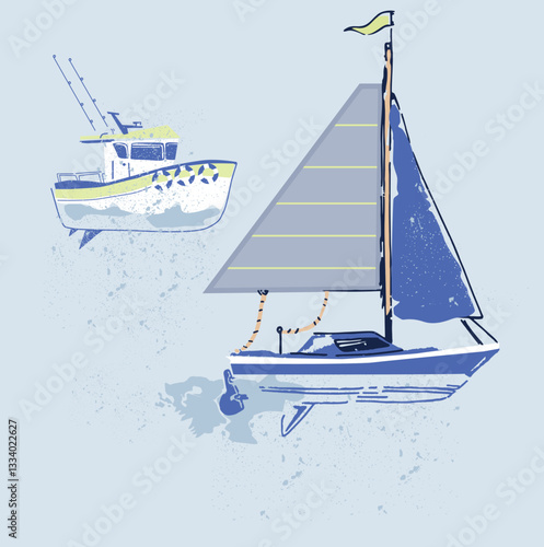  sailing ship boat cracking effect summer t shirt  print illustrations vector