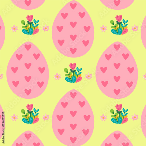 Adorable spring Easter seamless pattern, vector illustration featuring colorful holiday elements for gift wrap, textile prints, and digital stationery