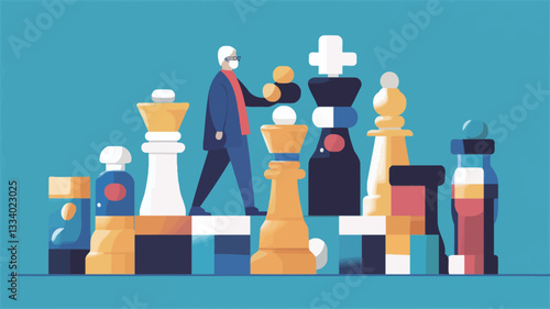 A digital illustration depicting a stylized chessboard scene. A businessman in a suit and face mask is shown placing a chess piece, collaborating with a large chess queen.  Various chess pieces,