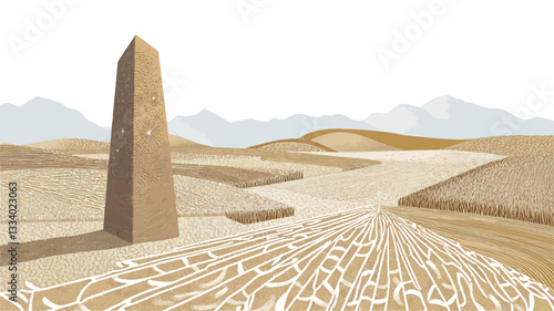 Digital illustration depicting a minimalist landscape featuring a tall, slender, light brown obelisk standing in a sandy desert. The ground shows a cracked texture.  Low, rolling sand dunes and
