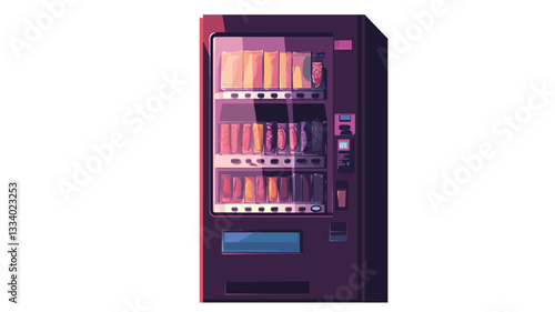 A digital illustration of a dark-colored vending machine against a white background. The machine shows various rows of colorful drink and snack items behind a glass front. The vending machine is
