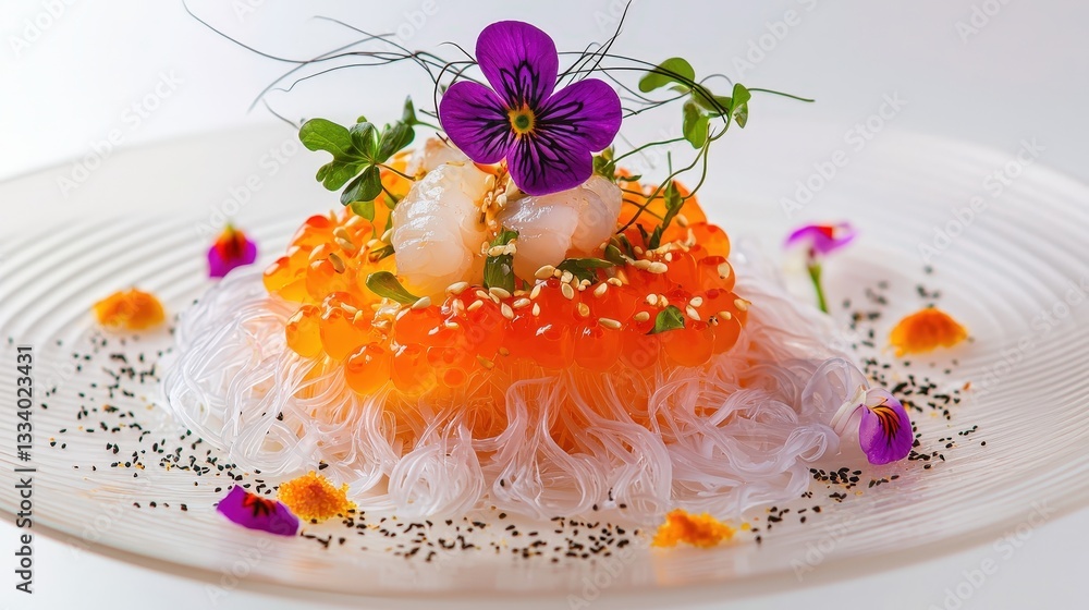 Elegant presentation of jellyfish salad with sesame dressing garnished with fresh vegetables and edible flowers Elegant presentation of jellyfish salad with sesame dressing garnished with fresh vegetables and edible flowers