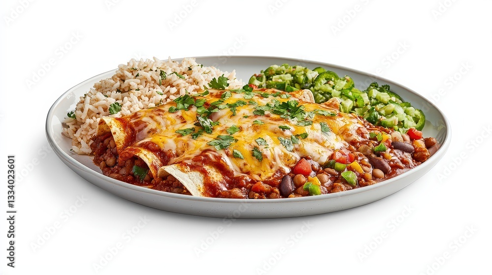 Delicious plate of enchiladas covered in red and green salsa melting cheese served for an authentic mexican dining experience Delicious plate of enchiladas covered in red and green salsa melting cheese served for an authentic mexican dining experience