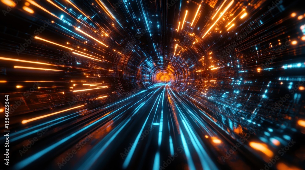 Fototapeta premium Neon Lights Tunnel: A Journey Through Cyberspace