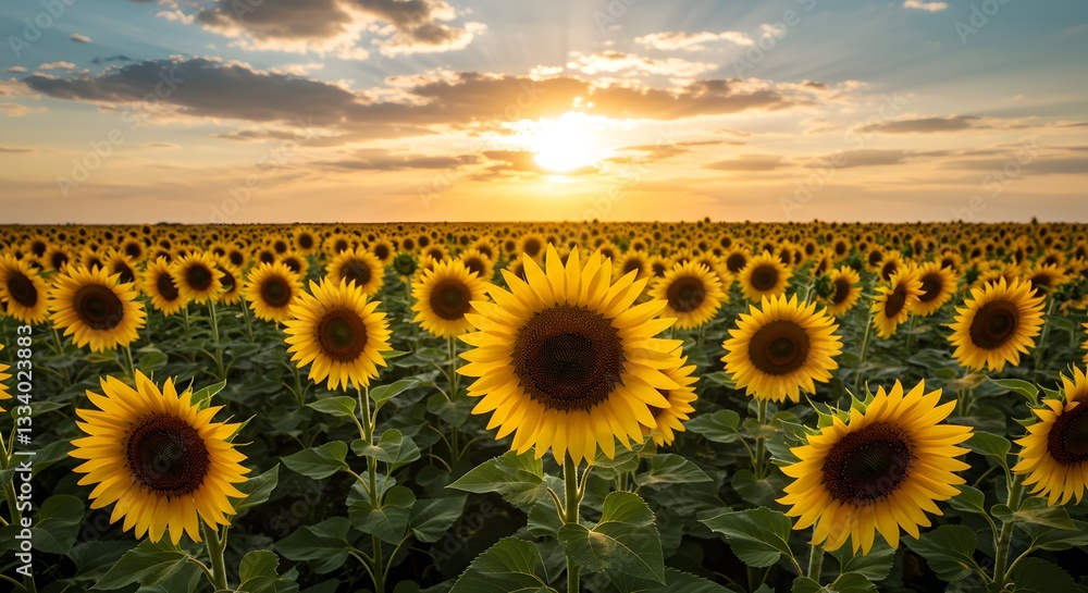 Fototapeta premium Sunflower Field at Sunset Blooming Under Golden Light in Summertime