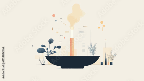 A digitally created illustration depicts a minimalist scene.  The central focus is an orange incense stick burning in a dark-colored, shallow bowl.  Light-colored smoke rises from the incense.