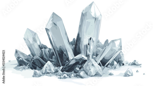 A digital illustration depicting a cluster of prismatic crystals on a white background. The crystals are predominantly grey and translucent, with sharply defined facets.  Some areas show opacity,