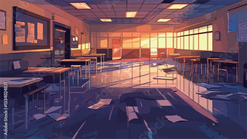 The image is a digital illustration depicting the interior of a classroom flooded with water.?The style is reminiscent of anime or cartoon art. The scene shows several desks and chairs partially