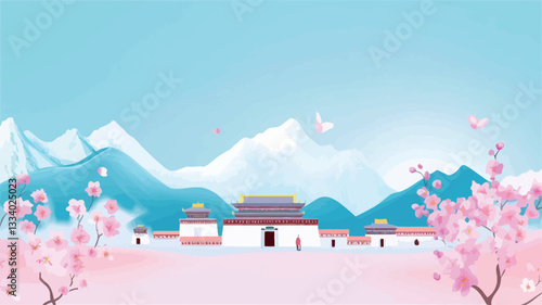 Digital illustration depicting a serene landscape. The scene features snow-capped mountains in the background, rendered in shades of light blue and white. In the foreground, several white