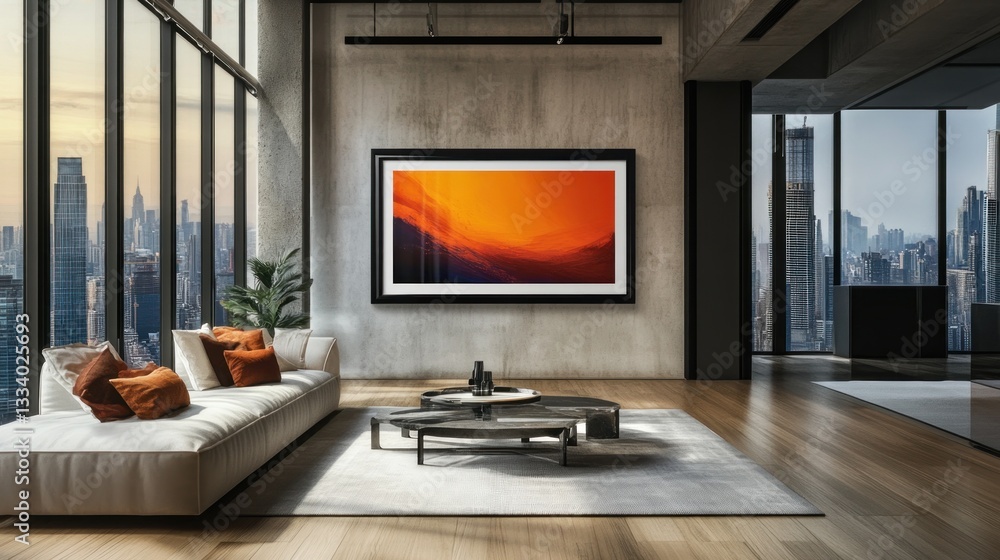 Fototapeta premium Sunset Landscape in Modern City Apartment