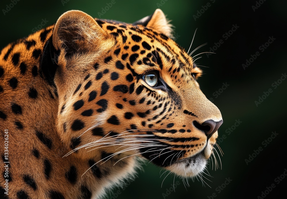 Naklejka premium Majestic Portrait of a Leopard with Striking Features and Vibrant Fur Patterns Against a Soft Dark Background