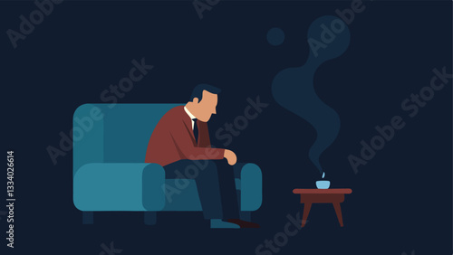 Quiet Reflection A solitary criminal sitting on an old couch staring pensively at a cigarette burning in an ashtray with reflections of their past crimes visible in the smoke.