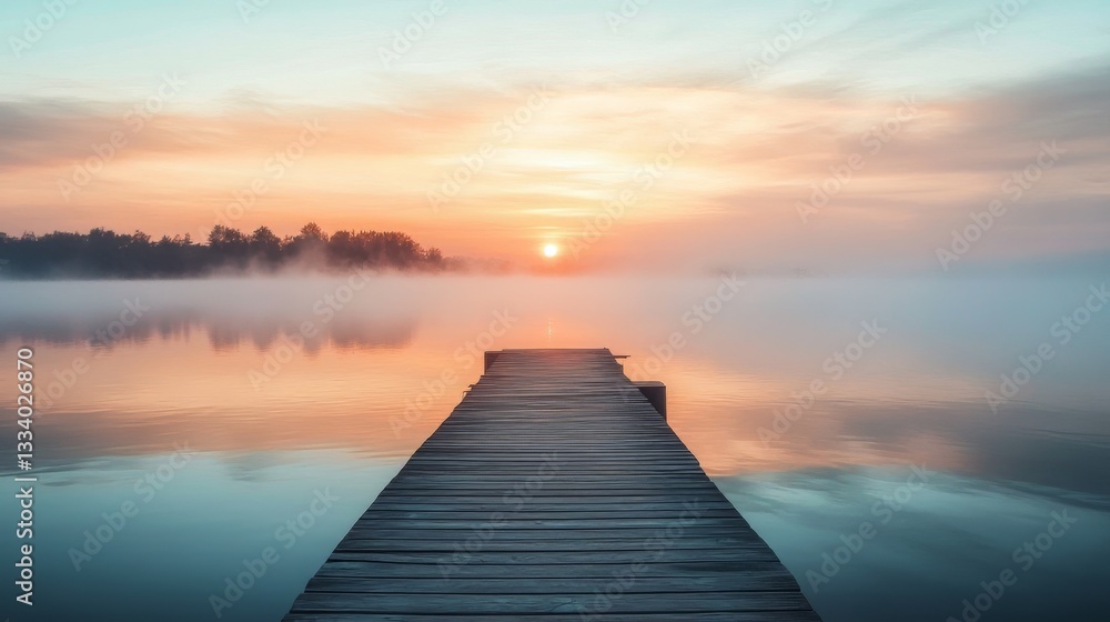 Fototapeta premium Serene Sunrise over Misty Lake: A Wooden Dock Beckons