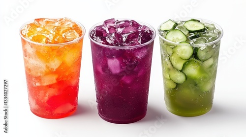 Three different ice-cold agua fresca drinks displaying hibiscus, tamarind, and cucumber flavors for a refreshing experience
