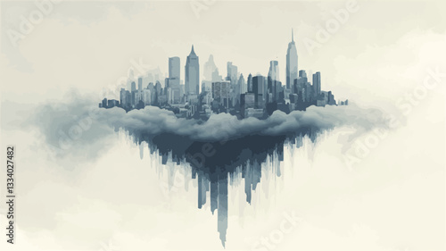 A digital illustration depicting a stylized cityscape seemingly floating on a dense cloud formation.  The city is rendered in shades of gray and blue, with varying building heights suggesting a