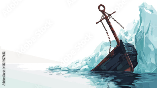 A digital painting or illustration depicts a partially submerged ship near a large iceberg. The ship is dark-colored, with a visible anchor. The iceberg is rendered in shades of blue and white,