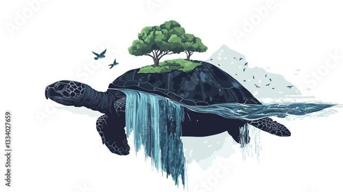A digital illustration depicts a stylized sea turtle swimming in the ocean.  A small island with a tree sits atop the turtle's shell. A waterfall flows from the island down the turtle's shell and