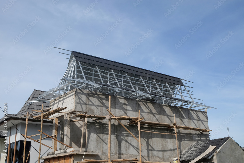 The roof of the house uses light steel construction. Modern architecture. Industrial concept. For graphic design, 3D rendering and banner background The roof of the house uses light steel construction. Modern architecture. Industrial concept. For graphic design, 3D rendering and banner background