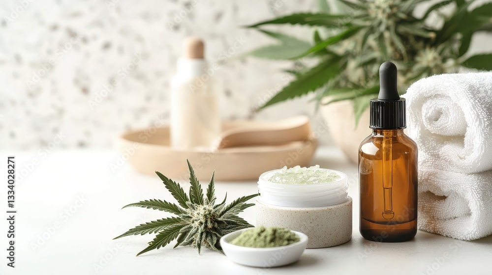 Close-up of a bottle of cannabis oil displayed beautifully in a luxurious spa setting for wellness and relaxation Close-up of a bottle of cannabis oil displayed beautifully in a luxurious spa setting for wellness and relaxation